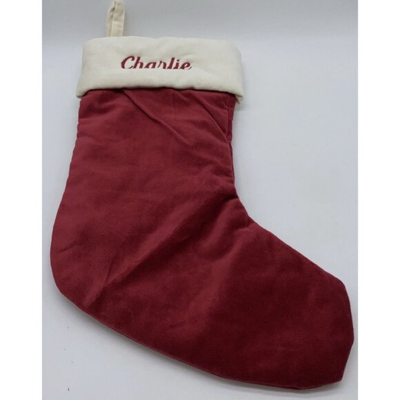 Pottery Barn Charlie Velvet Christmas Holiday Stocking Red Monogrammed 14 Inch - Picture 11 of 11
